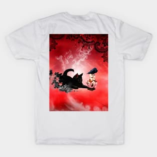 Cute playing cat and crow T-Shirt